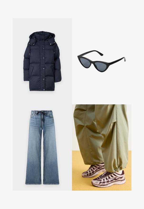Marineblå dunjakke med hætte, der har stikninger, trykknapper og to sidelommer. Fremstillet af tykt, glat, isoleret stof.; Lysegrå, ribbet pullover-sweater med høj krave og halvlukning ved halsen. Den har lange ærmer og en tætsiddende pasform.; Løse denimjeans i lys blå med en falmet tekstur. Har en justerbar talje med snor i sort og traditionelle lommer.; Atletiske sneakers med et gråt og mørkelilla design, der har en mesh-overdel, støttende stropper og gummisål, parret med løse grønne bukser.; Sorte katteøje solbriller med mørkegrå linser, slankt plastisk stel, spidse hjørner og lige stænger. Ingen synlig hardware eller dekorationer.