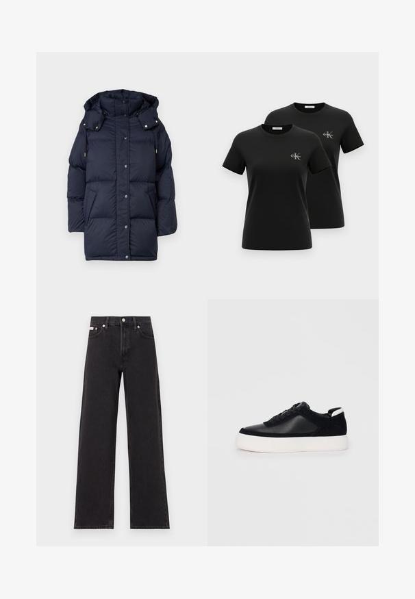 Marineblå dunjakke med hætte, der har stikninger, trykknapper og to sidelommer. Fremstillet af tykt, glat, isoleret stof.; To sorte kortærmede t-shirts med rund hals og små grå "CK Calvin Klein"-logoer på venstre bryst, vist på en hvid baggrund.; Sorte vidde jeans lavet af denim, med høj talje, fem-lomme stil og en metalknap lukning med kontrasterende syninger.; Sort sneakers med glat læder og ruskindspaneler, flade snørebånd, rund tå og en hvid gummisål. Distinkt logo på hælen.