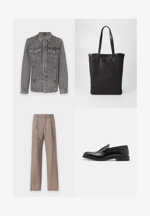 Šedá džínová bunda s límcem, zapínáním na knoflíky, dvěma náprsními kapsami a dlouhými rukávy. Má stříbrné kovové detaily a strukturovaný povrch.; Bílá dlouhá košile s knoflíky vyrobená z bavlny, která má náprsní kapsu s tónovanou výšivkou, límec a knoflíkové manžety.; Hnědé kalhoty s vysokým pasem vyrobené z texturované látky. Mají široké nohavice a dva přední sklady pro strukturu. Úhledné provedení bez viditelné kovových částí.; Černé kožené polobotky s hladkou texturou, zaoblenou špičkou a zdobným páskem přes nárt. Nízký stohovaný podpatek, minimalistický design.; Černá plátěná taška s černými koženými uchy. Jednoduchý design, prostorné tělo a hladký povrch. Žádné viditelné loga ani vzory.
