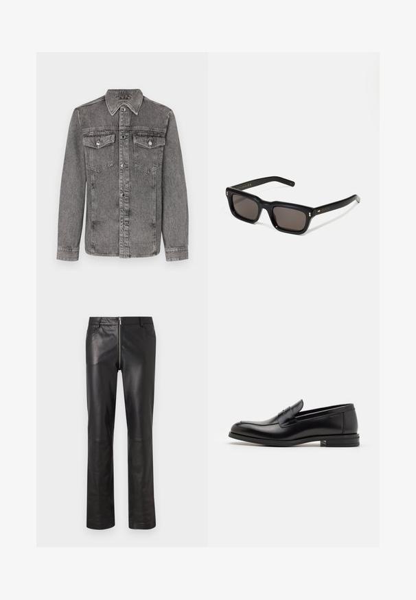 Grijze denimjack met kraag, knoopsluiting aan de voorkant, twee borstzakken en lange mouwen. Voorzien van zilverkleurige hardware en een gestructureerde afwerking.; Witte thermoshirt met lange mouwen, ribbelstructuur, ronde hals en gebande mouwen. Eenvoudig ontwerp zonder patronen of extra accenten.; Zwarte leren broek met een slim fit, rechte pijpen en een rits aan de voorkant, voorzien van twee voorkruiden en een gladde, glanzende afwerking.; Zwarte leren instappers met een gladde textuur, ronde neus en een decoratieve band over de wreef. Lage, gestapelde hak en minimalistisch ontwerp.; Zwarte rechthoekige zonnebril met donkere lenzen, een dik plastic montuur, gouden accenten op de veren en het merkembleem gegraveerd op de arm.