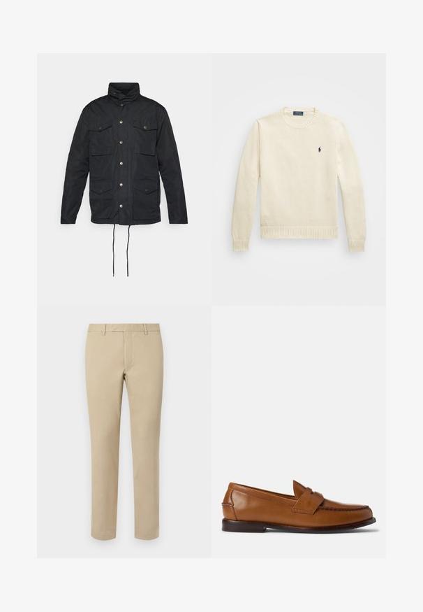 Melnā jaka ar augstu apkakli, pogu aizdari, četriem priekšējiem kabatām un regulējamām saites jostām jostasvietā. Gluda, izturīga auduma.; Kreminkrāsas adīts džemperis ar apaļu kakla izgriezumu, ribotām apakšmalām un aprocēm, ar mazu tumši zilu logotipu kreisajā krūtīs.; Beige kokvilnas bikses ar taisnu griezumu, ar jostu cilpām, plakanu priekšpusi un pielāgotām apakšmalām. Gluda tekstūra un minimāls dizains.; Brūni ādas loaferi ar platu zoli, noapaļotu purngalu un dekoratīvu šuvumu. Iespējas ietver šūtu detaļu augšpusē un gludu apdari.