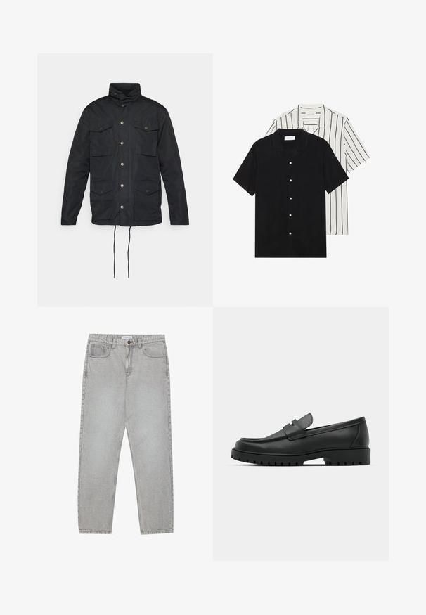 Black jacket featuring a high collar, button closure, four front pockets, and adjustable drawstrings at the waist. Smooth, durable fabric.; Two short-sleeve shirts: one solid black, one white with black vertical stripes. Both feature button closures and a classic collar.; Light grey denim pants with a straight-leg design, five-pocket styling, and a button closure. Visible stitching along the seams.; Black leather loafers with a rounded toe, featuring a stitched design, low platform sole, and a textured, lugged rubber outsole.