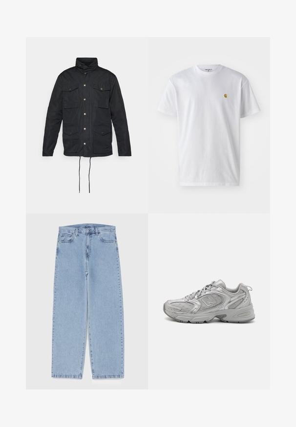 Čierna bunda s vysokým golierom, zapínaním na gombíky, štyrmi prednými vreckami a nastaviteľnými šnúrkami v páse. Hladká, odolná tkanina.; Biele bavlnené tričko s krátkymi rukávmi, okrúhlym výstrihom, s malým zlatým logom na ľavej strane hrude. Mäkká textúra a normálny strih.; Svetlomodré denimové džínsy s rovnými nohavicami, s polovysokým pásom, piatimi vreckami a zapínaním na gombík a zips.; Strieborná športová obuv so štíhlym dizajnom, sieťovanými panelmi, polstrovaným jazykom, textúrovaným syntetickým zvrškom a gumovou podrážkou pre trakciu.