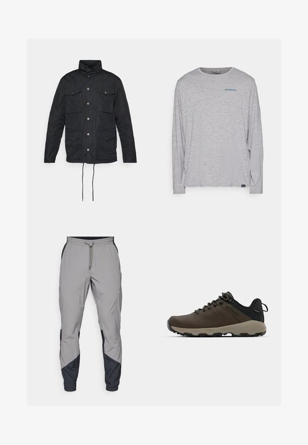 Giacca nera con colletto alto, chiusura a bottoni, quattro tasche frontali e cordini regolabili in vita. Tessuto liscio e resistente.; T-shirt grigio chiaro a maniche lunghe realizzato in un morbido tessuto testurizzato. Presenta un collo a giro e un piccolo logo blu Patagonia sul petto.; Pantaloni sportivi leggeri grigi con accenti neri. Vita elastica, chiusura con cordino, design a gamba affusolata e tasche laterali.; Sneakers impermeabili marroni con tomaia testurizzata, dettagli perforati, supporto al tallone nero e suola in gomma grigia. I lacci sono decorati con estremità metalliche.