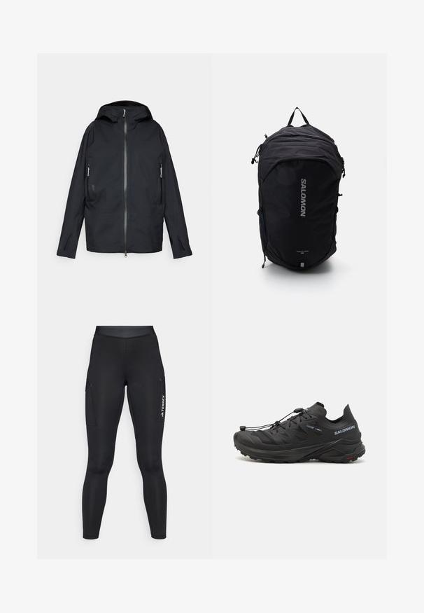 Schwarze wasserfeste Jacke mit durchgehendem Reißverschluss, verstellbarem Kapuze, seitlichen Reißverschlusstaschen und einem minimalistischen Design. Glatte Textur und leichtes Material.; Langärmliges weißes Sportoberteil mit Stehkragen und kleinem zentralem Logo auf der Brust, auf einem schlichten Hintergrund präsentiert.; Schwarze sportliche Leggings mit enganliegendem Design, aus elastischem Material gefertigt. Enthält Seitentaschen und weiße "TERREX"-Branding.; Schwarze Trailrunning-Schuhe mit einem strukturierten Obermaterial, Netzpanelen und einem sicheren Verschlusssystem. Verfügt über eine robuste Außensohle für besten Halt.; Schwarzer Rucksack mit einem schlanken Design, strukturiertem Stoff, verstellbaren Trägern und einem auffälligen silbernen "SALOMON"-Logo auf der Vorderseite.