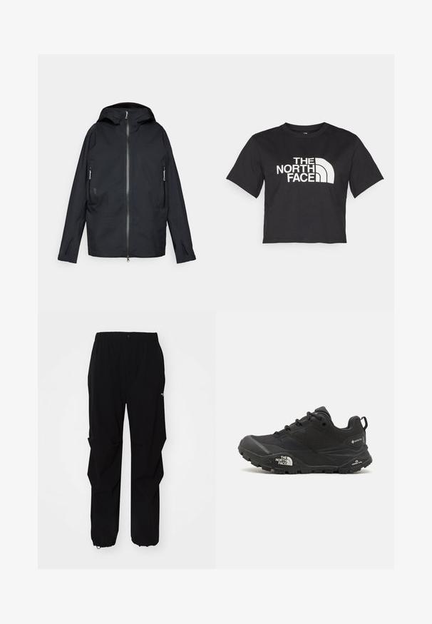 Schwarze wasserfeste Jacke mit durchgehendem Reißverschluss, verstellbarem Kapuze, seitlichen Reißverschlusstaschen und einem minimalistischen Design. Glatte Textur und leichtes Material.; Schwarzes, tailliertes T-Shirt aus Baumwolle mit einem weißen Logo mit geschwungenen Akzenten und dem Text "THE NORTH FACE" auf der Vorderseite. Kurze Ärmel, Rundhalsausschnitt.; Schwarze Outdoor-Hosen aus langlebigem Material, mit lockerer Passform, elastischem Bund und verstellbaren Bündchen für variable Längen.; Schwarzer Wanderschuh mit einer strukturierten Oberfläche, Schnürverschluss und einer massiven Gummisohle, die auf der Seite ein ausgeprägtes Logo sowie Profilmuster zeigt.