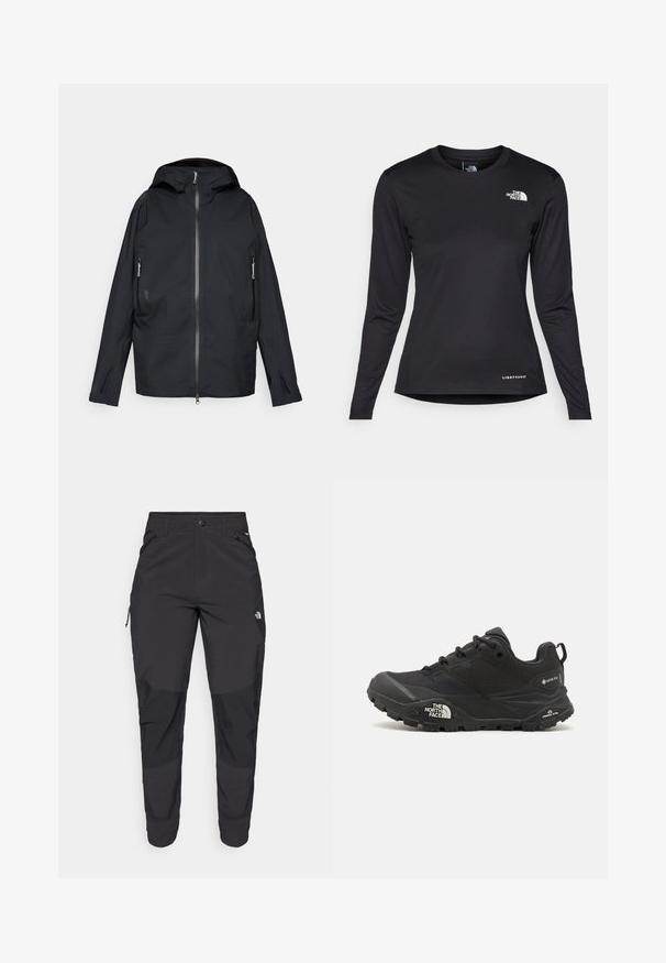 Melnā ūdensizturīgā jaka ar pilnu rāvējslēdzēju, regulējamu kapuci, rāvējslēdzēja sānu kabatām un minimālistisku dizainu. Gluda tekstūra un viegla materiāla.; The North Face SHADOW LONG SLEEVE - Tops ar garām piedurknēm - black; Melnas āra bikses, kas izgatavotas no izturīgas auduma. Tām ir kabatas ar rāvējslēdzējiem, pastiprināti ceļu paneļi un taisna griezuma dizains, kas nodrošina kustību brīvību.; Melnas pārgājienu kurpes ar teksturētu augšdaļu, sašņorējumu un masīvu gumijas zoli, kurai ir izteikts logotips sānos un protektora raksti.