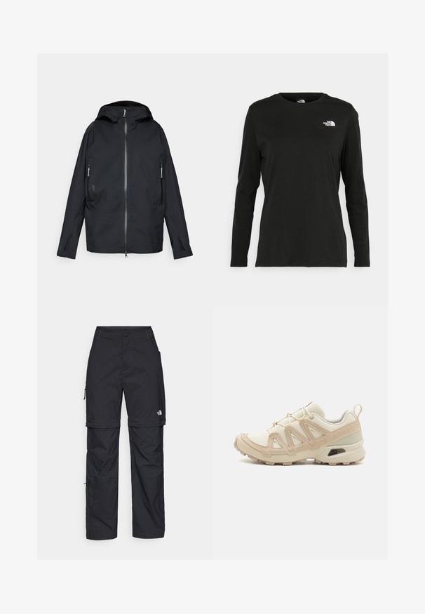 Sort vandtæt jakke med fuld lynlås, justerbar hætte, lynlåsede sidelommer og et minimalistisk design. Glat tekstur og letvægtsmateriale.; Sort langærmet t-shirt lavet af bomuld med rund hals. Har et lille hvidt logo på venstre brystområde. Enkel design og pasform.; Sorte nylon cargo bukser med lynlås, justerbare manchetter, flere lommer og et logo på højre ben. Glat, let tekstur.; Beige og creme atletiksko med struktureret mesh-overdel, støttende overlays og gummiyderside med et mønster for trækkraft.
