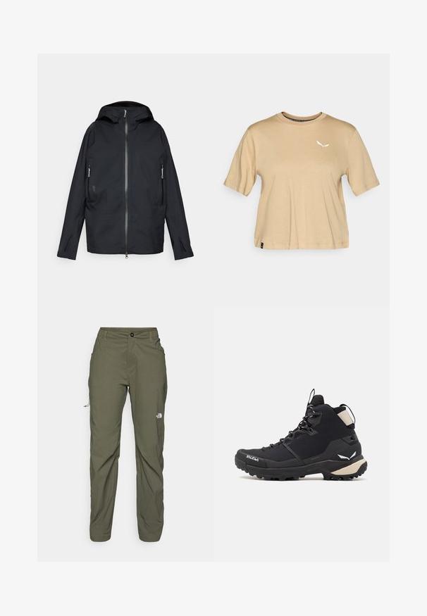 Giacca nera impermeabile con zip completa, cappuccio regolabile, tasche laterali con zip e design minimalista. Tessuto liscio e materiale leggero.; T-shirt beige in cotone a maniche corte. Presenta un colletto rotondo e un logo bianco sul petto. Orlo dritto con un sottile dettaglio dell'etichetta.; The North Face EXPLORATION PANTS - Pantaloni outdoor - new taupe green; Salewa PUEZ MID PTX - Scarpa da hiking - black
