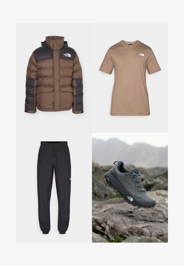 Rjava in črna puhasta jakna z visokim ovratnikom, ima dve sprednji žepki, strukturo tkanine in logo na prsih.; Majica s kratkimi rokavi iz svetlo rjavega bombaža z majhnim belim logotipom na prsih. Klasičen kroj s krožnim vratnim izrezom, gladka tekstura in standardna prileganje.; Črne atletske hlače iz lahkega materiala, ki imajo elastični pas z vezalko, stranske žepe in zožene manšete na gležnjih.; Sive teka za trail tek, z teksturirano zgornjimi deli, trpežnim gumijastim podplatom in ojačanim kapico za prste. Ima vezi in logotip blagovne znamke na strani.