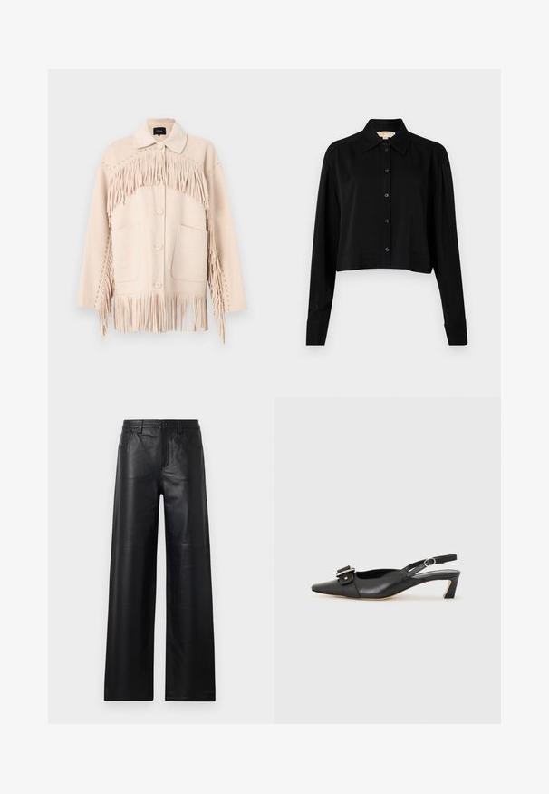 Beige wool jacket featuring a fringe design along the chest and bottom, with oversized pockets and decorative studs on the shoulders.; Black cropped shirt with long sleeves, a pointed collar, and button front. Made from smooth fabric with a relaxed fit and cuffed sleeves.; Wide-leg black leather pants with a smooth texture, featuring front pockets, a button closure, and subtle stitching details.; Black leather slingback shoe with pointed toe, small heel, and decorative buckle detail on the upper. Smooth texture, minimalistic design.
