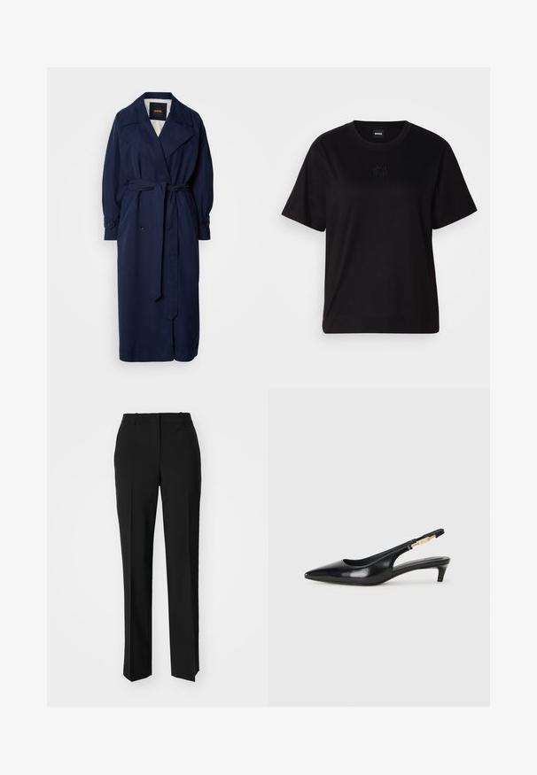 Trench coat blu navy con vita con cintura, grande colletto e polsini abbottonati. Realizzato in un tessuto liscio, presenta una fodera trapuntata.; Maglietta in cotone nera con scollatura tonda, maniche corte e logo ricamato sul petto. Design semplice e vestibilità rilassata senza motivi.; Pantaloni neri su misura con un design a gamba dritta, caratterizzati da una texture liscia e pieghe ben definite sul davanti. Senza hardware visibile.; Tacchi slingback in pelle nera con punta affusolata, caratterizzati da un tacco alto e un accento dorato sulla cinghia regolabile. Texture liscia.