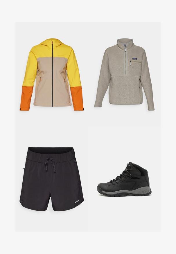 Peak Performance TRAIL JACKET - Hardshell jacket - pure gold/avid beige/gold flame; Light taupe fleece jacket with a high collar, half-zip front, and a zippered chest pocket. Features textured fabric and contrasting gray trim.; Black swim shorts made from lightweight fabric, featuring an elastic waistband, drawstring, and side pockets for functionality.; Black hiking boot with a mid-top design, featuring a textured upper, gray accents, and durable rubber sole with traction lugs.