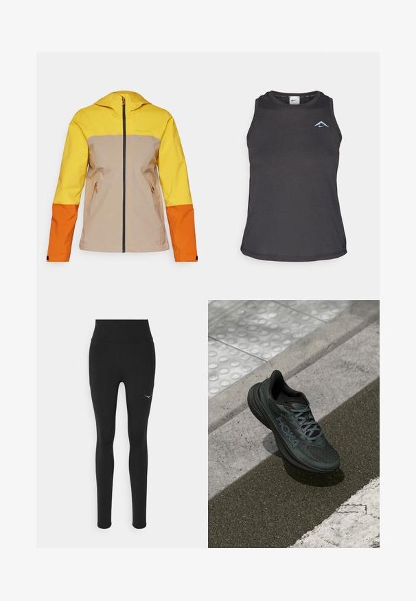 Peak Performance TRAIL JACKET - Cieta auduma jaka - pure gold/avid beige/gold flame; Melna sporta tank top ar apaļu kakla izgriezumu, uz krūškurvja esošs mazs zils logo un gluda, viegla auduma.; Melnas legingu bikses ar augstu jostasvietu, izgatavotas no elastīga materiāla. Izkādes detaļas ar mazu baltu logotipu kreisajā pusē.; Melnas skriešanas kedas ar tīkla augšdaļu, strukturētu akcentu un logotipu, ar mīkstu zoli un pelēkiem šņorēm, novietotas uz ieklāta seguma.