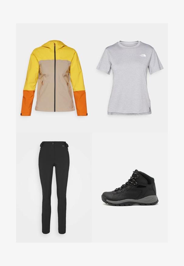 Peak Performance TRAIL JACKET - Veste Hardshell - pure gold/avid beige/gold flame; T-shirt gris à manches courtes fabriqué en tissu doux et évacuant l'humidité. Il présente un col rond et un petit logo blanc en haut à gauche.; Pantalons noirs ajustés en matériau flexible. Les caractéristiques comprennent une poche latérale zippée, des genoux articulés et une texture lisse.; Botte de randonnée noire au design mi-haut, avec un dessus texturé, des accents gris et une semelle en caoutchouc durable avec des crampons de traction.