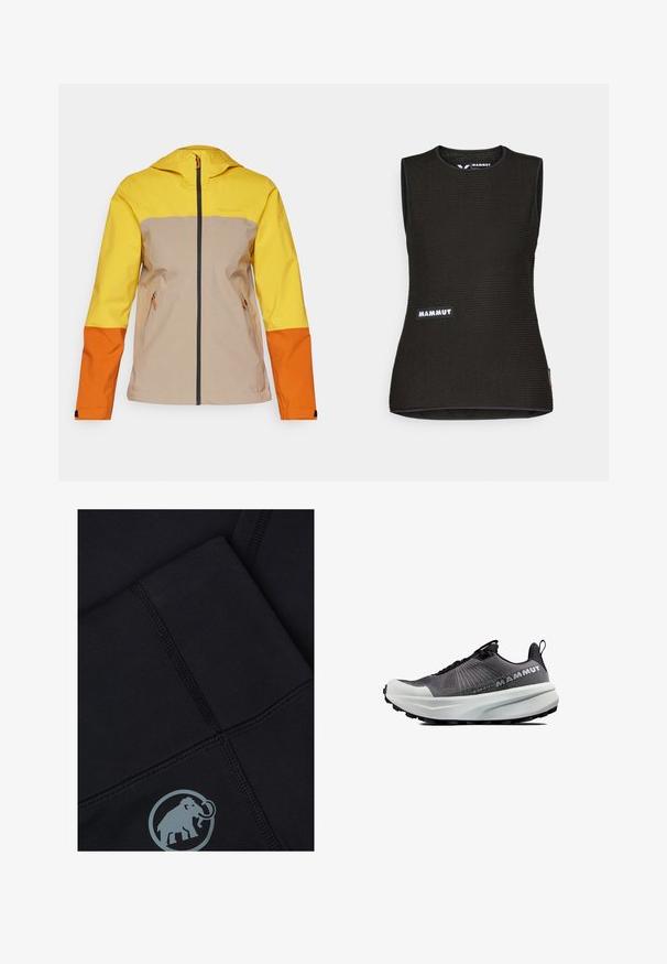 Peak Performance TRAIL JACKET - Hardshell-jakke - pure gold/avid beige/gold flame; Sort ærmeløs skjorte med et tekstureret mønster, der har en rund halsudskæring og et "MAMMUT" logo på forsiden. Fremstillet af åndbart materiale.; Sorte atletiske leggings med tekstureret syning og et gråt elefantlogo. Glat materiale og tætsiddende design. Ingen synlige mønstre.; Sort sportssko med mesh-overdel, hvid polstret sål og robust sort ydersål. Har en træksløjfe og minimalistisk snøresystem.