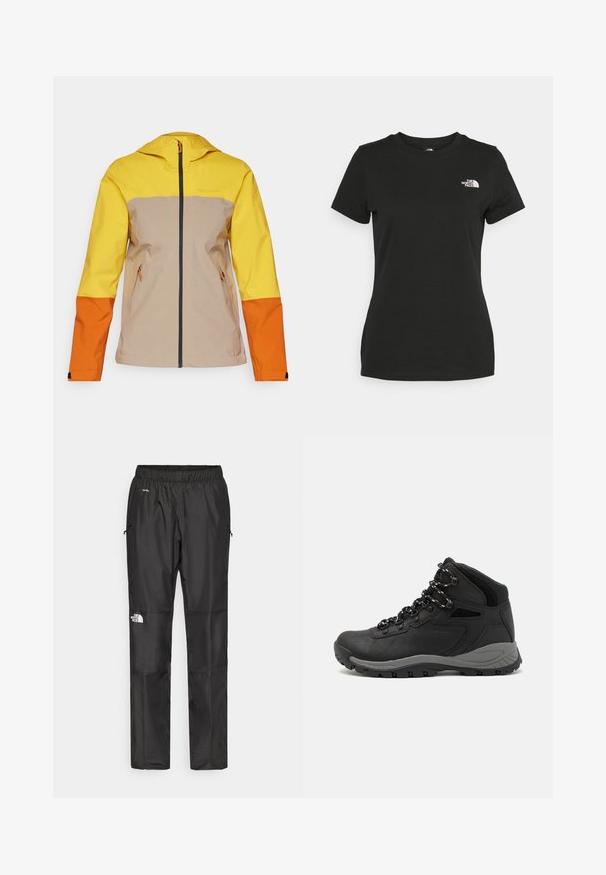 Peak Performance TRAIL JACKET - Veste Hardshell - pure gold/avid beige/gold flame; T-shirt en coton noir avec un col rond et des manches courtes. Logo blanc notable sur le côté supérieur gauche. Texture lisse, coupe décontractée.; Pantalons noirs imperméables en tissu léger, dotés d'une taille élastique, de poches latérales et d'un logo sur la jambe gauche.; Botte de randonnée noire au design mi-haut, avec un dessus texturé, des accents gris et une semelle en caoutchouc durable avec des crampons de traction.