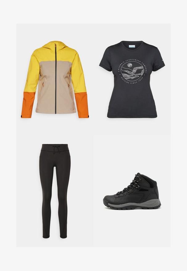 Peak Performance TRAIL JACKET - Hardshell bunda - pure gold/avid beige/gold flame; Čierne tričko Columbia s bielou kruhovou grafikou hory a rieky a textom "Columbia Sportswear Company vonku od roku 1938."; Čierne legíny s vysokým pásom, so šnúrkou na stiahnutie, hladkou textúrou a priliehavým strihom. Obsahujú švy po stranách.; Čierna turistická obuv s polovičným strihom, s textúrovaným zvrškom, šedými akcentmi a odolnou gumovou podrážkou s protišmykovými hrebienkami.