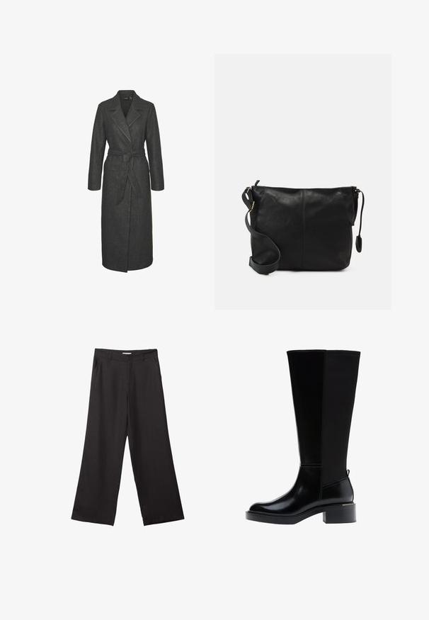 Pitkä harmaa villakangastakki, jossa on vyöllinen vyötärö, lovelliset kaulukset ja pitkät hihat. Ominaisuuksiin kuuluu suora siluetti ja teksturoitu pinta.; Musta ja valkoinen pitkähihainen t-paita, jossa on pyöreät kaula-aukot, pehmeä kangas ja vartalonmyötäinen muotoilu suorin helmoin.; Mustat leveälahkeiset housut, jotka on valmistettu sileästä kankaasta. Niissä on edessä vetoketju ja kaksi sivutaskua, ja niiden muotoilu on räätälöity ja minimalistinen.; Musta polven korkeudelle ulottuva saapas, jossa on sileä nahkapinta, näkyvät saumat, mahtava korko ja teksturoitu takapaneeli lisäyksinä.; Musta nahkainen olkalaukku, jossa on litteä muoto, kultaiset yksityiskohdat ja säädettävä hihna. Sujuva pinta, jossa on vain vähän ompelutietoja.