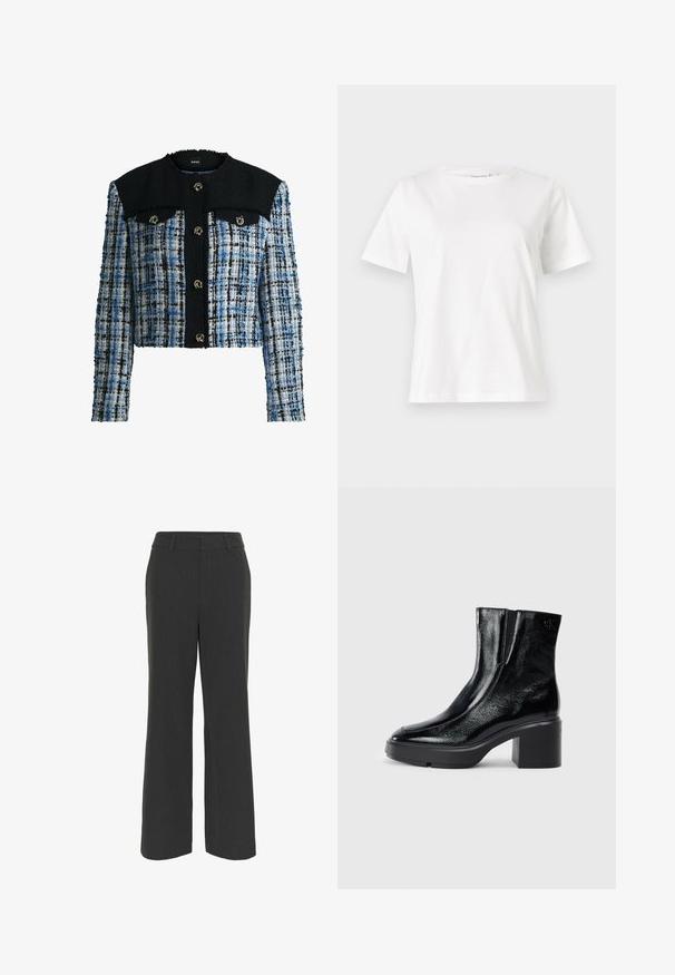 Gekürzte Jacke aus mehrfarbigem Tweed in Blau, Weiß und Schwarz. Verfügt über einen schwarzen Kragen und zwei Vordertaschen mit goldenem Beschlag.; Weißes Baumwoll-T-Shirt mit kurzen Ärmeln, Rundhalsausschnitt und lockerer Passform. Glatte Textur, keine Muster oder Akzente, minimalistisches Design.; Dunkelgraue, weit geschnittene Hose aus strukturiertem Stoff, mit flachem Vorderteil, Gürtelschlaufen und sauberem Saum, geeignet für formelle oder legere Anlässe.; Schwarze Lackleder-Stiefeletten mit einer geschwungenen Zehenpartie, elastischen Seiteneinsätzen und einem klobigen Blockabsatz. Mit geprägtem Logo auf der Rückseite.