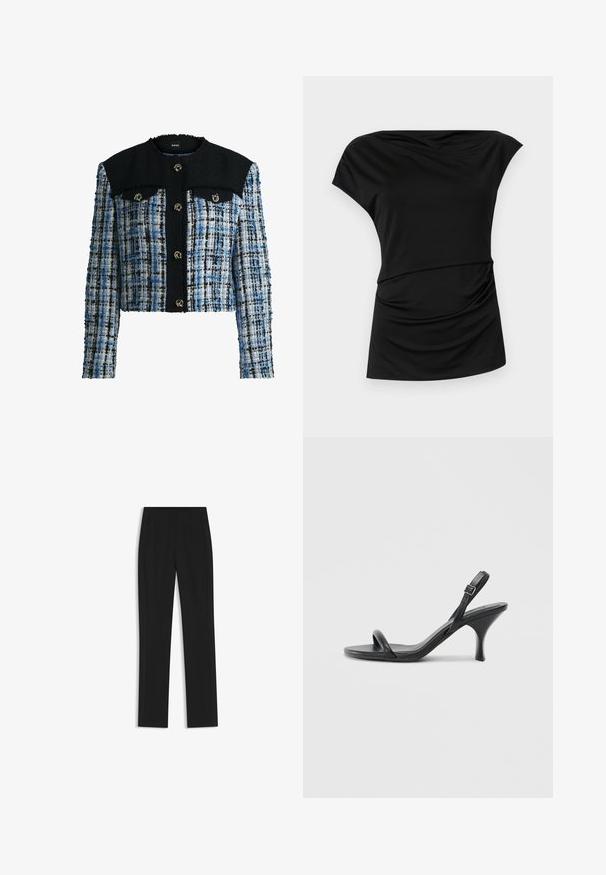 Cropped jacket made of multicolored tweed in blue, white, and black. Features a black collar and two front pockets with gold hardware.; Black short-sleeve top with a draped neckline, soft texture, gathered fabric detail at the waist, and a relaxed silhouette.; Black tailored trousers with a straight-leg design, featuring front pockets and a smooth, textured fabric. Neat, minimal detailing.; Black leather high-heeled sandals with a slim, curved heel and a crossed strap design. Adjustable ankle strap. Smooth texture.