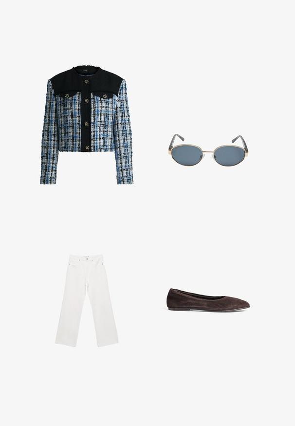 Cropped jacket made of multicolored tweed in blue, white, and black. Features a black collar and two front pockets with gold hardware.; White long-sleeve top made of soft, smooth fabric. Features a crew neckline and slim fit with minimal stitching details.; White denim wide-leg trousers featuring a classic five-pocket design, metal hardware, and contrast stitching. Smooth texture and relaxed fit.; Brown suede ballet flat with a pointed toe and low profile. Features smooth texture and minimalistic design. No visible hardware or accents.; Oval sunglasses with dark lenses, gold metal frames, and gray arms. Frames feature a minimal design with a subtle bridge accent.; Dark brown suede handbag with two top handles, a structured shape, and leather accents. Features adjustable drawstring closure and a smooth texture.