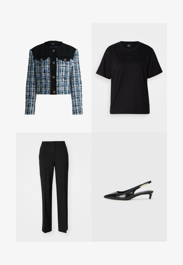 Korte jas van multicolored tweed in blauw, wit en zwart. Voorzien van een zwarte kraag en twee voorkant zakken met gouden details.; Zwarte katoenen t-shirt met een ronde hals, korte mouwen en een geborduurd logo op de borst. Eenvoudige, comfortabele pasvorm zonder patronen.; Zwarte op maat gemaakte broek met een recht model, voorzien van een soepele textuur en scherpe plooien aan de voorkant. Geen zichtbare hardware.; Zwarte leren slingback hakken met een spitse neus, voorzien van een slanke hak en een goudkleurige accent op de verstelbare band. Gladde textuur.