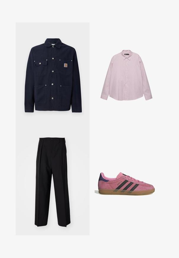 Jachetă din bumbac bleumarin cu guler, închidere frontală cu nasturi, două buzunare pe piept cu clapete și două buzunare laterale; nasturi din metal argintiu.; Cămașă roz deschis cu dungi verticale albastre, cu guler, mâneci lungi și croială lejeră. Fabricată dintr-o țesătură netedă, cu un ușor luciu.; Pantaloni negri plisat cu un design drept și pantaloni largi. Construiți dintr-un material neted, prevăzuți cu închidere cu nasture și bucle pentru curea.; Tenisi roz din suede cu dungi negre, talpă din cauciuc și toc texturat violet. Prezintă un design cu șireturi și un logo embosat pe lateral.