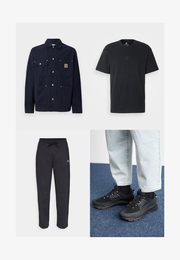 Kék pamut dzseki gallérral, elöl gombos záródással, két mellzseb flap-el, és két oldalzsebbel; ezüst színű fémbotokkal.; Fekete pamut póló Nike márkájú, klasszikus, kerek nyakú, rövid ujjú, és letisztult, dombornyomott logóval a mellkason. Simább textúra.; Fekete, puha anyagból készült melegítőnadrág, rugalmas derékkal, húzózsinórral és egy kis Nike logóval a bal combján.; Fekete sportcipők texturált anyaggal és gumitalppal, elasztikus fűzőkkel és kék kiegészítővel a saroknál. Világos farmernadrággal viselve.