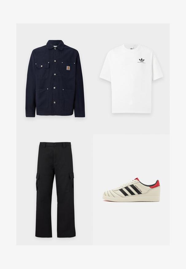Marineblauwe katoenen jas met een kraag, sluiting met knopen aan de voorkant, twee borstzakken met kleppen en twee zijzakken; zilverkleurige metalen knopen.; Witte katoenen t-shirt met korte mouwen, voorzien van een zwart "BASKETBALL" logo en het iconische drie-streependesign aan de voorkant.; Zwarte cargobroek met een recht gesneden ontwerp. Gemaakt van duurzaam materiaal, met twee zijzakken met klep en een knoopsluiting.; Crème leren sneakers met zwarte strepen, rode hielaccenten en textuurdetails. Beschikt over een rubberen zool en een vetersluiting.