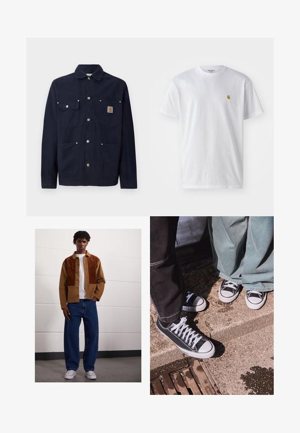 Tumedast puuvillane jakk kraega, esine nupuvajutus, kaks rinna taskut flappidega ja kaks küljetaskut; hõbedased metallnupud.; Valge puuvillane t-särk lühikeste varrukatega, ümmargune kaelus, millel on väike kuldne logo vasakul rinnal. Pehme tekstuur ja regulaarne lõike.; Mees seisab siseruumides, kandes pruuni rubriikjakki roosteplekkidega, valget T-särki, lahtisi siniseid teksaseid ja valgeid spordijalanõusid.; Mustad musta kangaga madalate tossudega, valgete kummist varvaste ja paeltega, kombineerituna laia rohelise denimpüksiga, tekstureeritud kivi pinna peal.