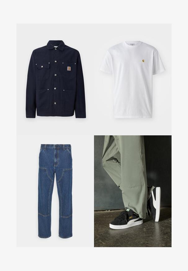 Izvrsna mornarsko plava pamučna jakna s ovratnikom, prednjim zatvaranjem na dugmad, dva džepa na prsima s preklopima i dva bočna džepa; srebrni metalni dugmad.; Bijela pamučna majica kratkih rukava s okruglim izrezom, sa malim zlatnim logotipom na lijevoj strani prsnog koša. Mekana tekstura i standardni kroj.; Plave traperice s ravnim nogavicama, prednjim zakrpama i kontrastnim šavovima. Tkanina ima klasičnu teksturu i izgled.; Crne nubuk tenisice s bijelim gumennim potplatima i bočnim trakama, uparene s svijetlozelenim cargo hlačama, stoje na teksturiranoj tamnoj površini.