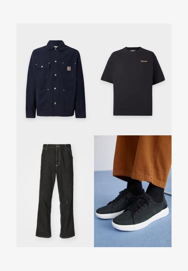 Laivastonsininen puuvillatakki, jossa on kaulus, napitus edessä, kaksi rintataskua läpillä ja kaksi sivutaskua; hopeiset metallinapit.; Mustavalkoinen lyhythihainen Timberland T-paita, jossa on pieni vaaleanruskea logo vasemmassa ylärinnassa, esillä valkoista taustaa vasten.; Mustat farkut, joissa on löysä istuvuus, erottuva valkoinen ompelu, nappikiinnitys ja suora lahje.; Musta mokkanahkakengät valkoisilla kumipohjilla, joissa on nauhakiinnitys, teksturoituja yksityiskohtia ja huomaamatonta brändäystä, yhdistettynä ruskeisiin housuihin.