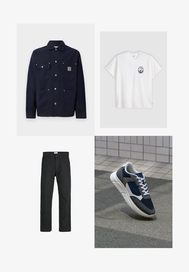 Tamsiai mėlyna medvilninė striukė su apykakle, priekinis mygtukų uždarymas, dvi krūtinės kišenės su atvartais ir dvi šoninės kišenės; sidabro spalvos metaliniai mygtukai.; Balta medvilnė marškinėliai trumpomis rankovėmis, apvaliu kaklu ir juodu apvaliu logotipu kairėje krūtinės pusėje, su stilizuotu dizainu.; Juodi kelniai, pagaminti iš tvirto audinio, su tiesiomis kojomis, siuvinėtomis detalėmis ir dviem priekinėmis kišenėmis funkcionalumui.; Sportiniai bateliai su tamsiai mėlynu tinkliniu viršumi, pilkais zomšiniais akcentais, balta guma padanga ir plokščiomis baltomis raištelėmis, sukurti komfortui ir oro pralaidumui.