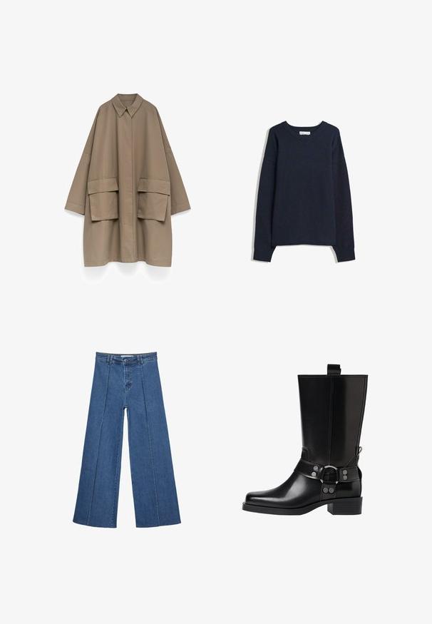 Cappotto oversize color taupe con maniche larghe, colletto a punta, chiusura frontale nascosta e due grandi tasche anteriori con pattina.; Maglione blu navy con scollo a V, maniche lunghe, polsini e orlo a costine. Realizzato in morbido materiale lavorato a maglia, presenta una vestibilità comoda e un design minimalista.; Jeans in denim a gamba larga di blu medio, con vita alta, chiusura con bottone e dettagli delle cuciture verticali a contrasto lungo la parte anteriore.; Stivale in pelle nera alto fino al ginocchio con punta affusolata, dettagli in argento e tacco largo. Presenta un inserto per facilitare l'indossamento.