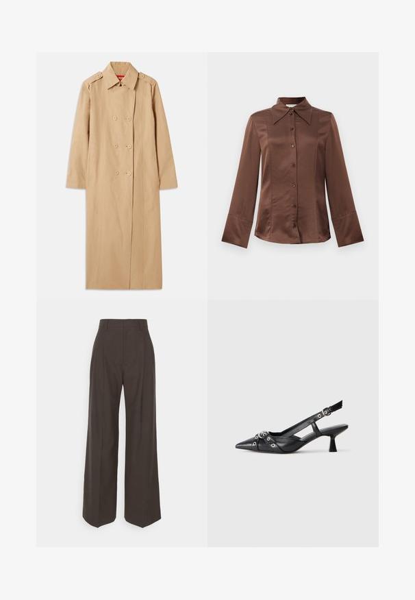 Beige trenchcoat met dubbele knoopsluiting aan de voorkant, knoopaccenten en een kraag. Heeft lange mouwen en een rechte silhouet. Soepele textuur.; Bruine satijnen shirt met een klassieke kraag, lange mouwen en sluiting met knopen aan de voorkant. Opvallend door de gladde textuur en de getailleerde pasvorm.; Donkerbruine wijde broek met een hoge taille, voorzien van strak geplooide plooien, een zachte textuur en een op maat gemaakte pasvorm.; Zwarte leren slingback schoen met een puntige neus, decoratieve banden met metalen oogjes en een lage blokhak. Textuur oppervlak.