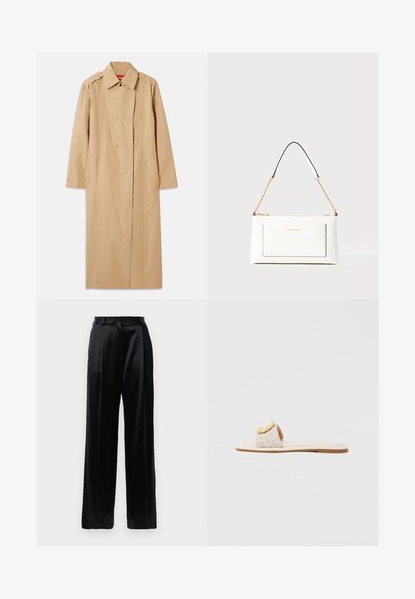 Beige trench coat with double-breasted front, button accents, and a collar. Features long sleeves and a straight silhouette. Smooth texture.; Cropped white t-shirt made of soft fabric, featuring short sleeves, a round neckline, and ribbed hem details. Simple and unembellished design.; Black high-waist satin trousers with straight wide legs, belt loops, and a flat front closure against a plain white background.; Slide sandal featuring a beige strap with a geometric pattern, a rounded yellow accent on the upper, and a flat, light sole.; White leather handbag with a textured finish, featuring a gold chain strap and black accents. Includes a front pocket and zipper closure.