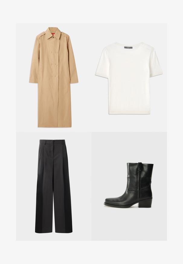 Beige trench coat with double-breasted front, button accents, and a collar. Features long sleeves and a straight silhouette. Smooth texture.; White short-sleeve knit top with a round neckline, featuring a smooth texture and subtle ribbed accents at sleeves and hem.; Black wide-leg trousers with a high waist, featuring front pleats, a smooth texture, and a tailored finish. Designed for a relaxed fit.; Black leather ankle boot with a rounded toe, block heel, side zipper, and stitching accents on the vamp. Smooth texture, classic design.