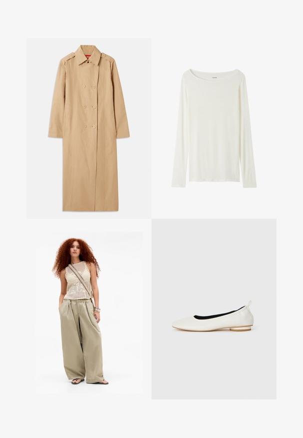 Trench beige con doppio petto, dettagli in bottone e colletto. Presenta maniche lunghe e una silhouette dritta. Tessuto morbido.; Maglietta a maniche lunghe, colletto rotondo, di colore crema realizzata in tessuto morbido. Presenta una linea diritta e un design minimalista senza decorazioni.; Giovane donna con lunghi capelli ricci rossi che indossa un top senza maniche beige in maglia, pantaloni larghi color khaki, ciabatte, borsa a tracolla e braccialetti.; Ballerina bianca in pelle con punta arrotondata, tacco basso impilato, rivestimento interno nero e passante sul tallone, mostrata in profilo laterale su sfondo bianco.