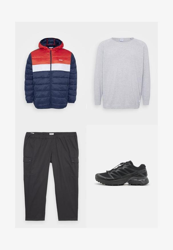 Jack & Jones JJVINCENT PUFFER HOOD - Übergangsjacke - tango red; Hellgrau gestrickter Pullover mit langen Ärmeln, rundem Ausschnitt und strukturiertem Strick. Besitzt ein dezentes sprenkeltes Muster und ein kleines Etikett am Saum.; Schwarze Cargo-Hosen mit einem elastischen Bund, seitlichen Taschen und Druckknopfdetails. Hergestellt aus leichtem, glattem Stoff.; Schwarzer Laufschuh mit Obermaterial aus Mesh und Synthetik, flexibler Sohle und elastischen Schnürsenkeln. Verfügt über eine gepolsterte Zwischensohle für zusätzlichen Komfort.