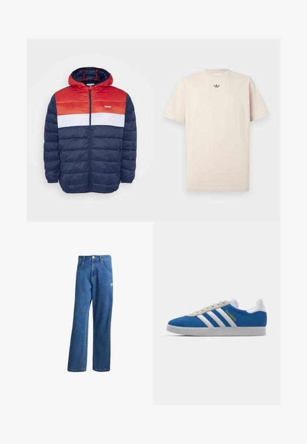 Jack & Jones JJVINCENT PUFFER HOOD - Lahka jakna - tango red; Bež majica iz bombaža s okruglim izrezom, kratkim rukavima in majhnim temnim logotipom na prsih. Gladka tekstura in sproščen kroj.; Modre visoko pasu široke denim kavbojke z sprednjimi žepi, zankami za pas, gumbom za zapiranje in majhnim logotipom Adidas na desni stegno.; adidas Originals ADIDAS GAZELLE SHOES - Dvoranske nogometne kopačke - real madrid/bluebird/footwear white/crew yellow