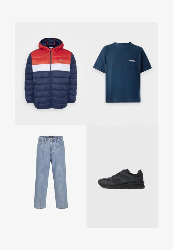 Jack & Jones JJVINCENT PUFFER HOOD - Jas - tango red; Navyblauw katoenen T-shirt met korte mouwen en een ronde hals. Heeft een klein wit logo op de linkerborst. Zachte textuur.; Lichtblauwe denim jeans met een losse pasvorm, wijde benen en zichtbare stiksels. Voorzien van een knoop- en ritsluiting, vijf zakken.; Replay ARTHUR ATOM - Sneakers laag - black