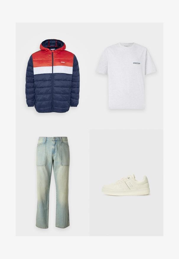 Jack & Jones JJVINCENT PUFFER HOOD - Könnyű dzseki - tango red; Szürke, rövid ujjú póló, amelyen a bal mellrészen egy kis kék "project core" logó látható, egy sima háttér előtt.; Világoskék farmer nadrág egyenes szárú kivitelben, látható varrással és két nagy elülső zsebbel. Az anyag fonott textúrájú.; Krém színű sneaker perforált részletekkel, fűzőkkel és logóval az oldalán, egy sima fehér háttér előtt kiállítva.