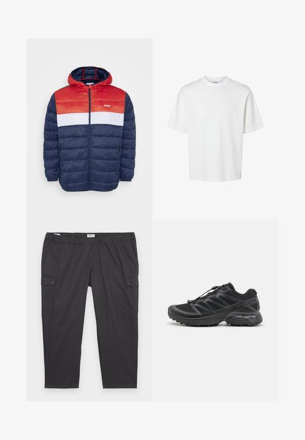 Jack & Jones JJVINCENT PUFFER HOOD - Light jacket - tango red; White cotton t-shirt with short sleeves, crew neckline, and a relaxed fit. Smooth texture with no visible patterns or accents.; Black cargo pants with an elastic waistband, side pockets, and snap button accents. Made of lightweight, smooth fabric.; Black running shoe with mesh and synthetic upper, flexible outsole, and elastic laces. Features a cushioned midsole for comfort.