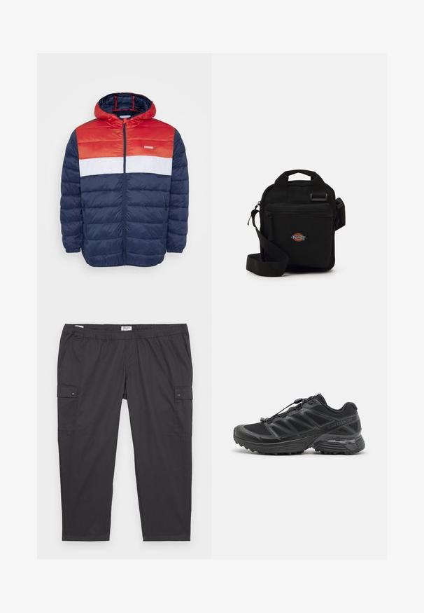Jack & Jones JJVINCENT PUFFER HOOD - Allvädersjacka - tango red; Svart långärmad t-shirt i bomull, med rund halsringning och en liten grön broderad krokodil-logotyp på vänster bröst.; Svarta cargobyxor med elastisk midja, sidofickor och tryckknappsdetaljer. Tillverkade av ett lätt och mjukt material.; Svart löparskor med ovandel i mesh och syntetmaterial, flexibel yttersula och elastiska snören. Har en dämpad mellansula för komfort.; Svart tvärs över kroppen-väska med ett dragkedjefack, rektangulär form, tillverkad av tyg, med en logotypapplikation på framsidan, justerbar axelrem.