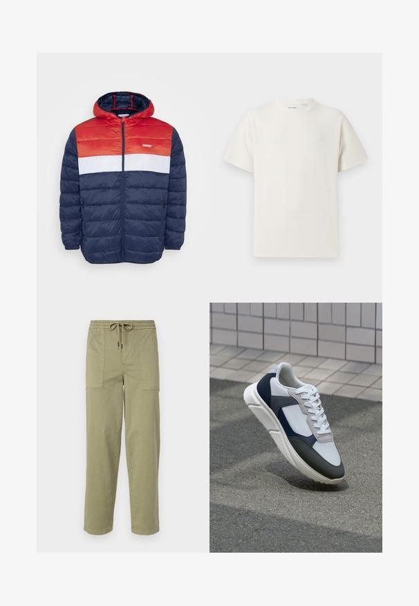 Jack & Jones JJVINCENT PUFFER HOOD - Overgangsjakke - tango red; Hvid kortærmet T-shirt i ribbet tekstur. Rund halsudskæring, løs pasform, ingen synlige mønstre eller accenter. Enkel og alsidig design.; Lys olivengrønne bukser lavet af en bomuldsblanding, med elastisk talje med snor og to store sidelommer.; Hvide, marineblå og grå sneakers med et design i blandede materialer, der har en tekstureret overdel, flade snørebånd og en polstret sål.