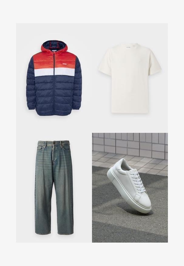 Jack & Jones JJVINCENT PUFFER HOOD - Lett jakke - tango red; Hvit T-skjorte med kort erm i ribbestrikket tekstur. Rund hals, avslappet passform, ingen synlige mønstre eller detaljer. Enkelt og allsidig design.; Lyseblå denimjeans med løs passform, midjehøyde og rette ben. Har fem lommer, beltehemper og knappelukking.; Hvit lær sneaker med glatt overflate, rund tå og flate hvite snøringer. Har en teksturert gummisåle og minimale design elementer.
