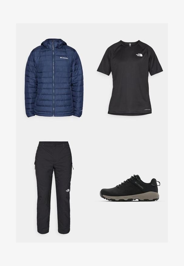 Columbia POWDER LITE™ II HOODED JACKET - Ziemas jaka - collegiate navy; Melna sporta krekla īsām piedurknēm ar strukturētu audumu, kas ir ar baltu logotipu kreisajā krūtīs un taisnu apakšmalu.; The North Face WINTER EXPLORATION TAPERED CARGO - Āra bikses - black; Melnas pārgājienu kurpes ar gludu virsu, perforētu dizainu, pelēku zoli un nostiprinātu papēdi. Iekļauj auklas un cilpu vieglai uzvilkšanai.