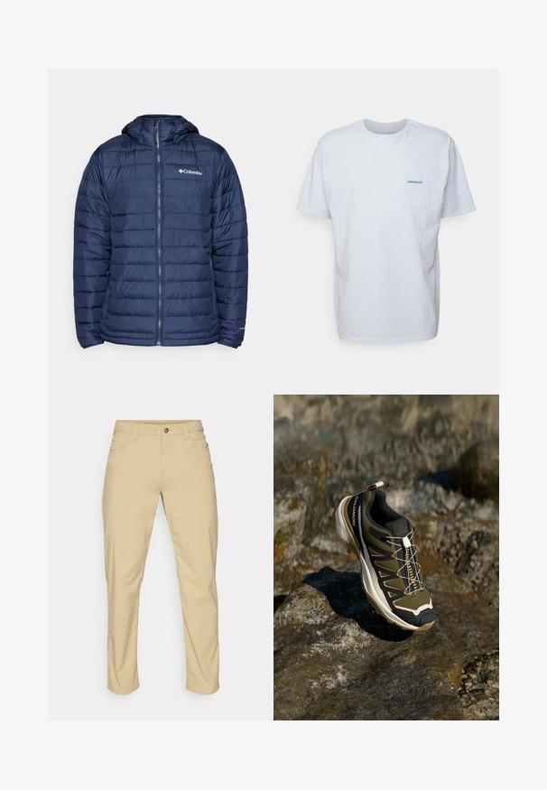 Columbia POWDER LITE™ II HOODED JACKET - Winter jacket - collegiate navy; White cotton t-shirt with short sleeves, round neck, and a left chest pocket featuring a blue "Patagonia" logo. Classic fit with a smooth texture.; Patagonia QUANDARY PANTS - Outdoor trousers - classic tan; Hiking shoe in olive green and black with pink accents. Features a textured upper, flexible sole, reinforced toe cap, and colorful lacing system.