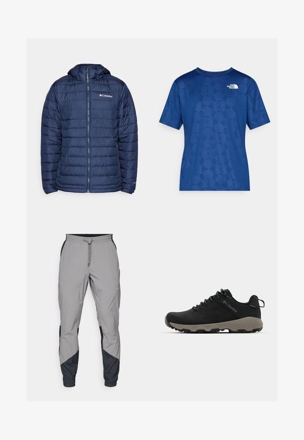 Columbia POWDER LITE™ II HOODED JACKET - Talvejope - collegiate navy; Sinine lühikeste varrukatega särk tekstureeritud geomeetrilise mustriga ja valge logoga vasakul ülal. Valmistatud kergest ja hingavast materjalist.; Kergedatud hallid sportlikud püksid mustade aktsentidega. Elastne vöökoht, stringiga sulgemine, kitsenev jala disain ja küljetaskud.; Mustad matkajalanõud musta ülemise osaga, sileda pinnaga, perforatsiooni disainiga, hallal väljal ja tugevdatud kontsaga. Omab paelu ja tõmbetaba lihtsaks selga panemiseks.